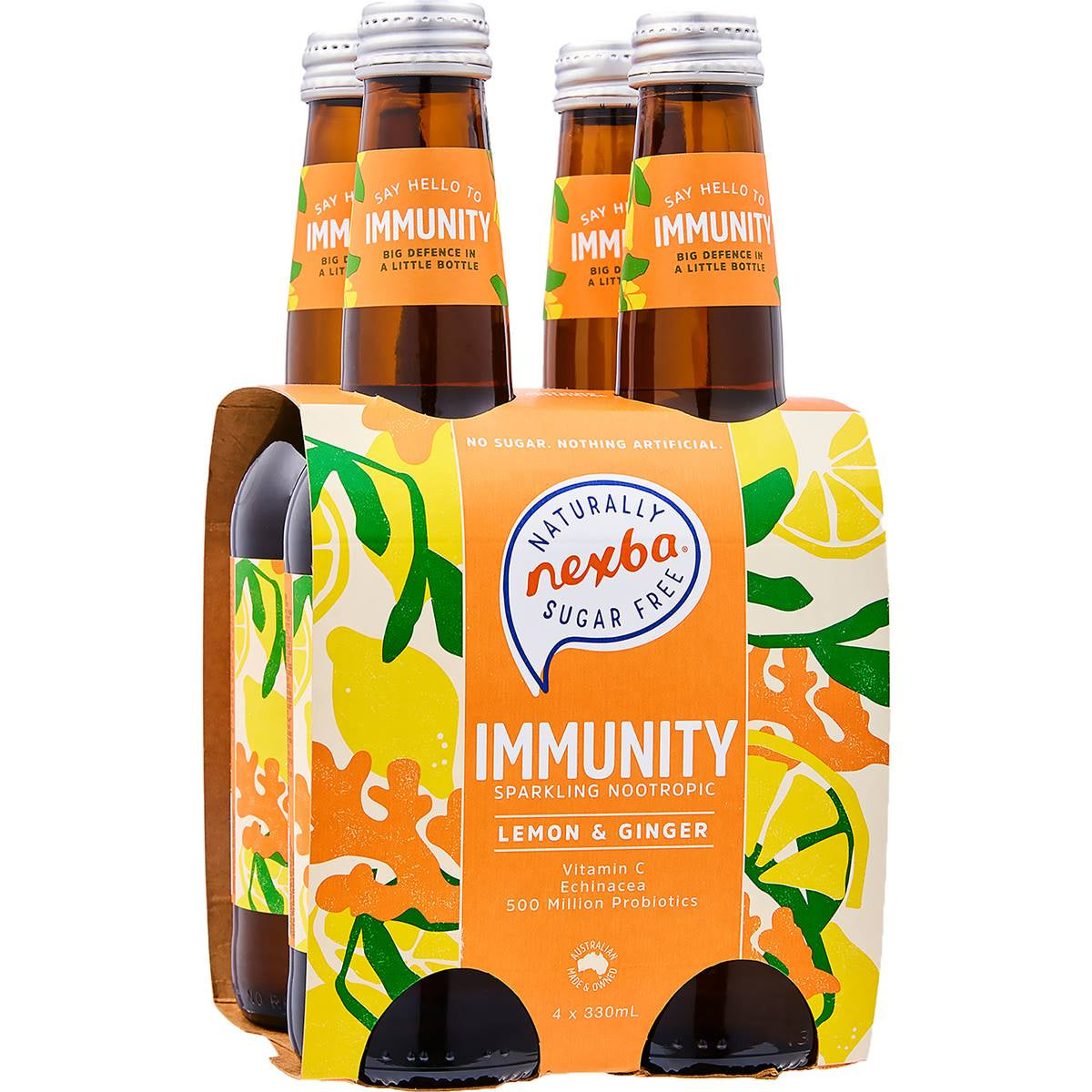 Nexba Lemon & Ginger Immunity Naturally Sugar Free Nootropic 330ml 4pk
