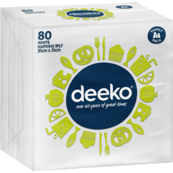 Deeko White Serviettes 1 Ply 80pk