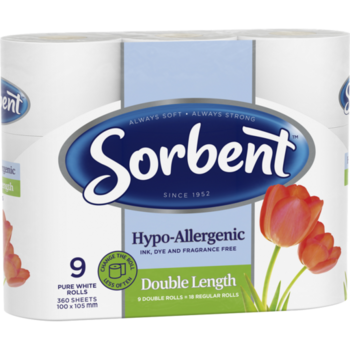 Sorbent Toilet Roll Hypo-Allergenic Double Length 9pk