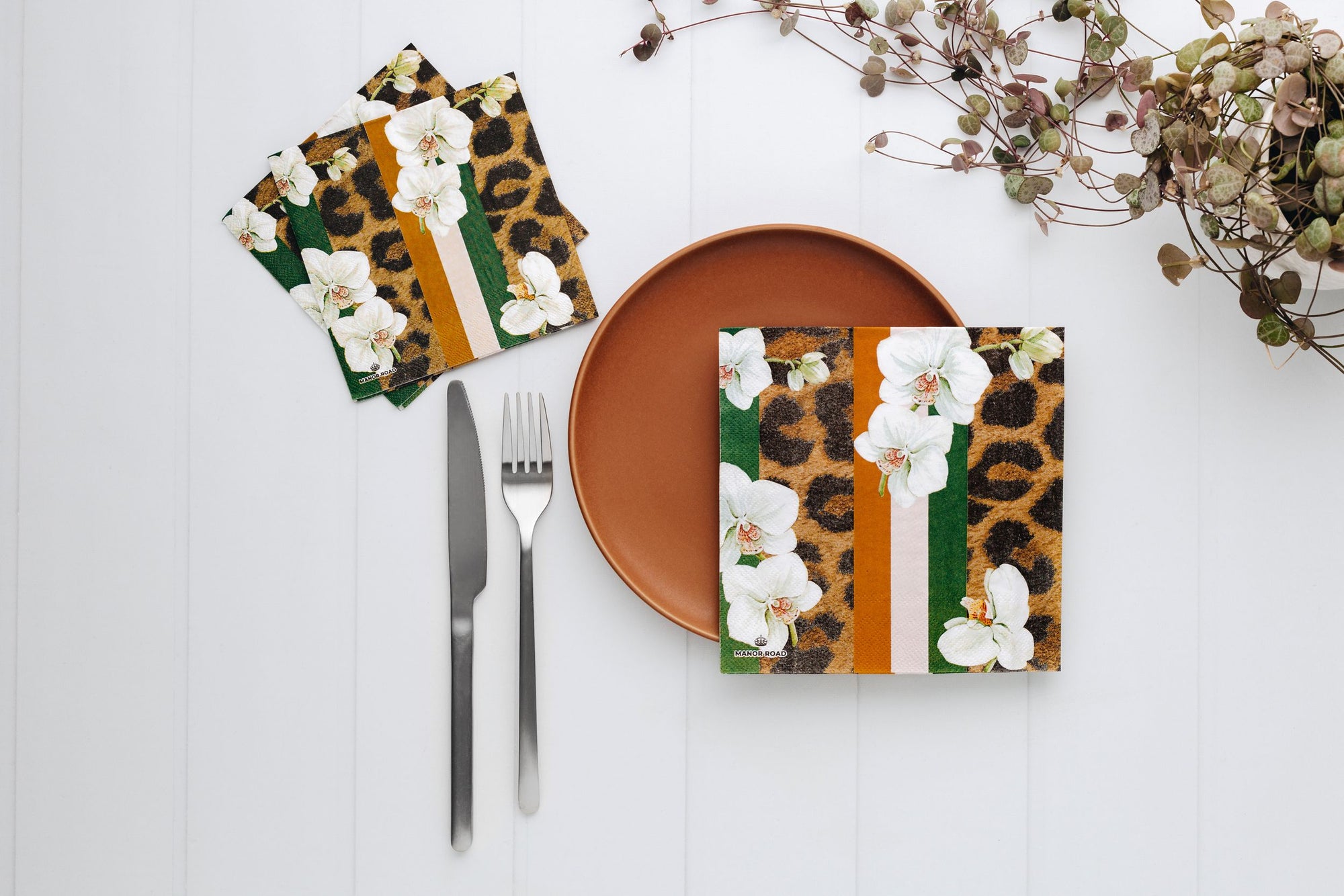 White Orchid & Leopard Napkins - Cocktail